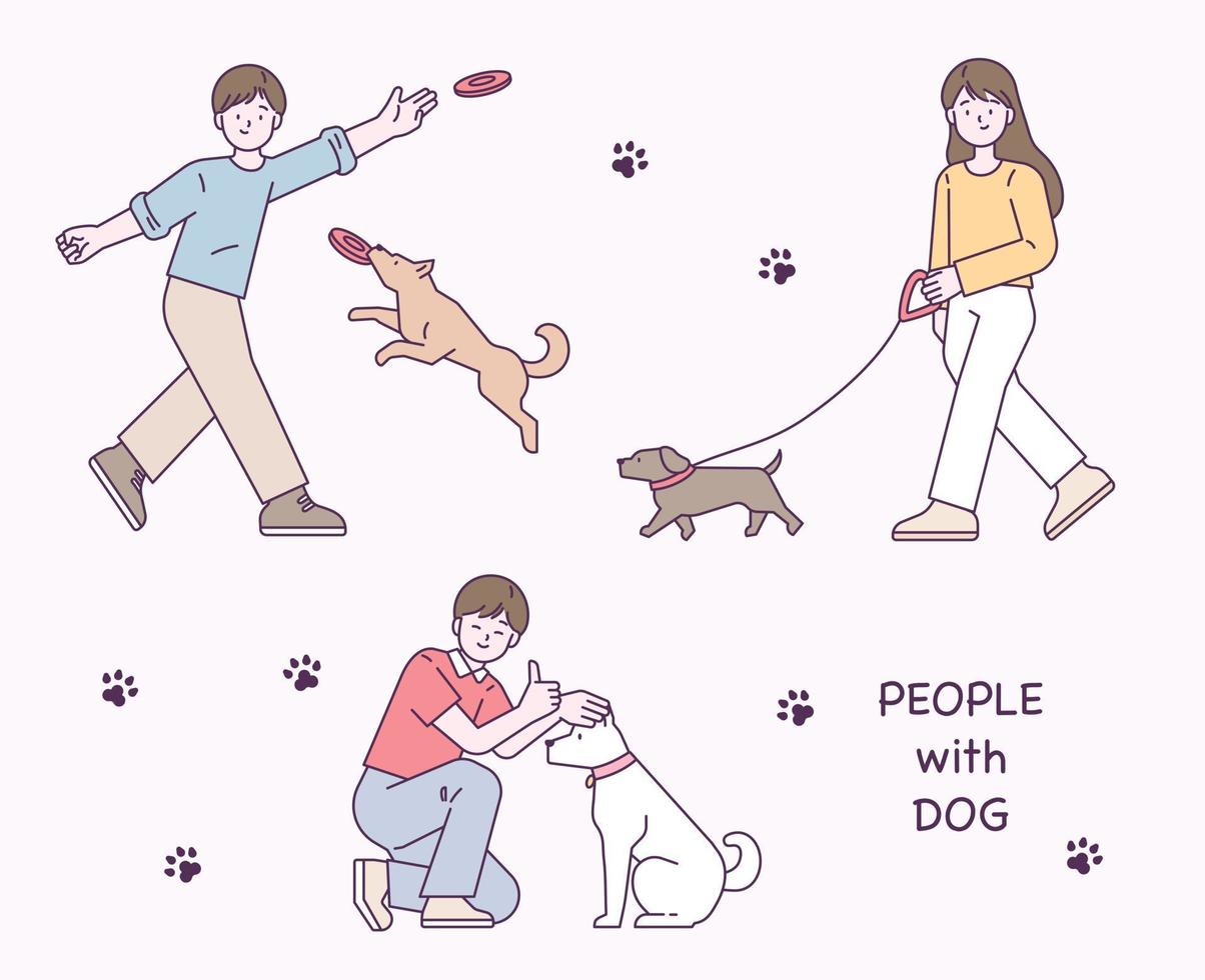le persone si divertono a passeggiare con i loro cani. vettore