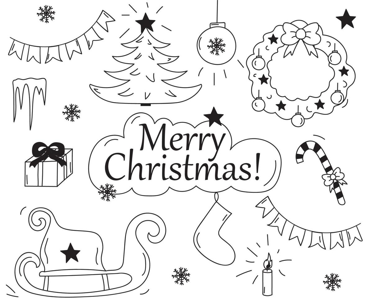 set in bianco e nero di articoli natalizi in stile scarabocchio vettore