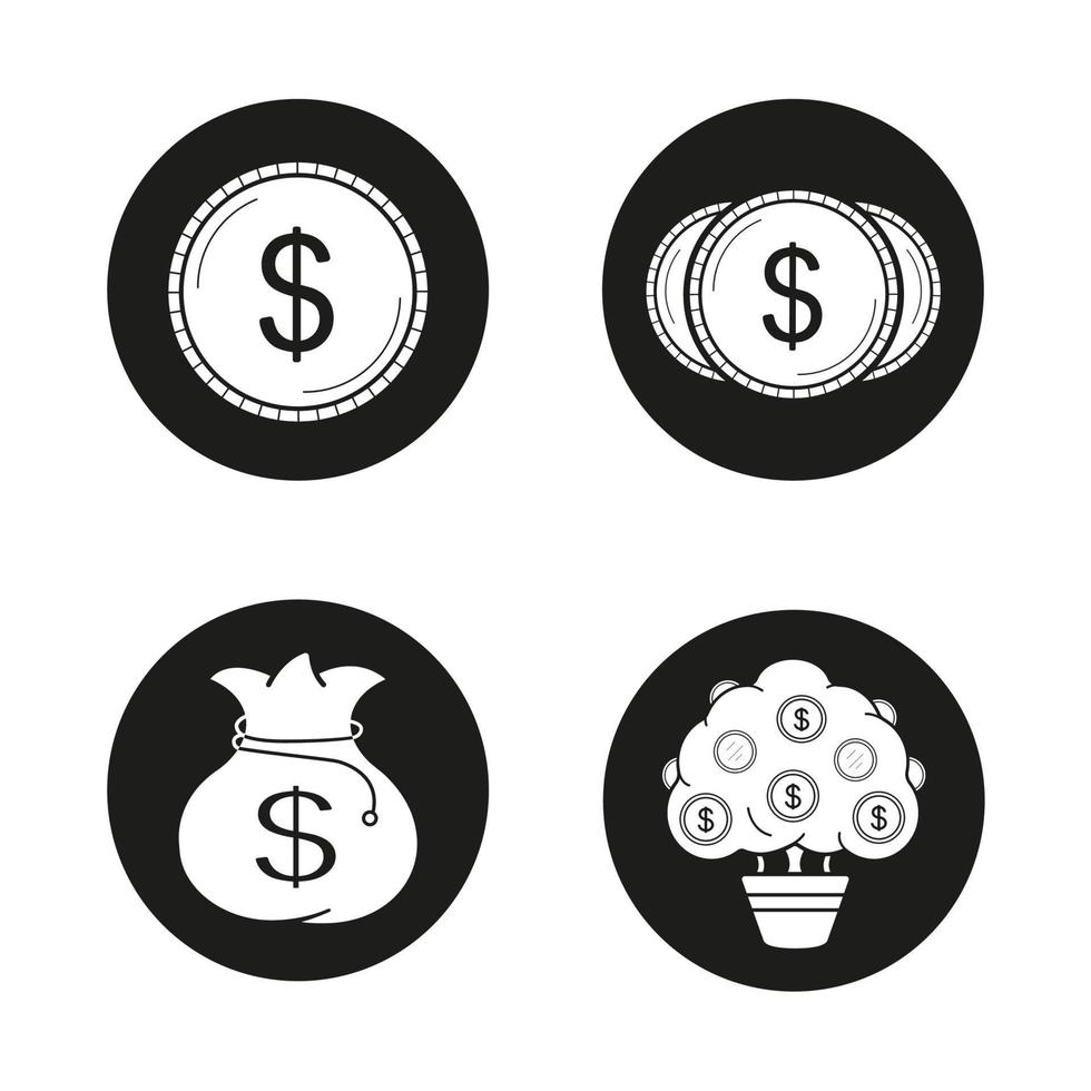set di icone di denaro. Banca e finanza. monete del dollaro, borsa dei soldi e albero. illustrazioni vettoriali di sagome bianche in cerchi neri