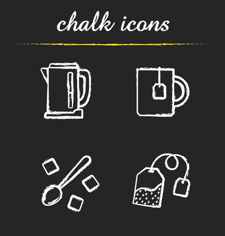 set di icone di gesso per tè. bollitore elettrico, tazza con bustina di tè, cucchiaio e zollette di zucchero raffinate. illustrazioni di lavagna vettoriali isolate