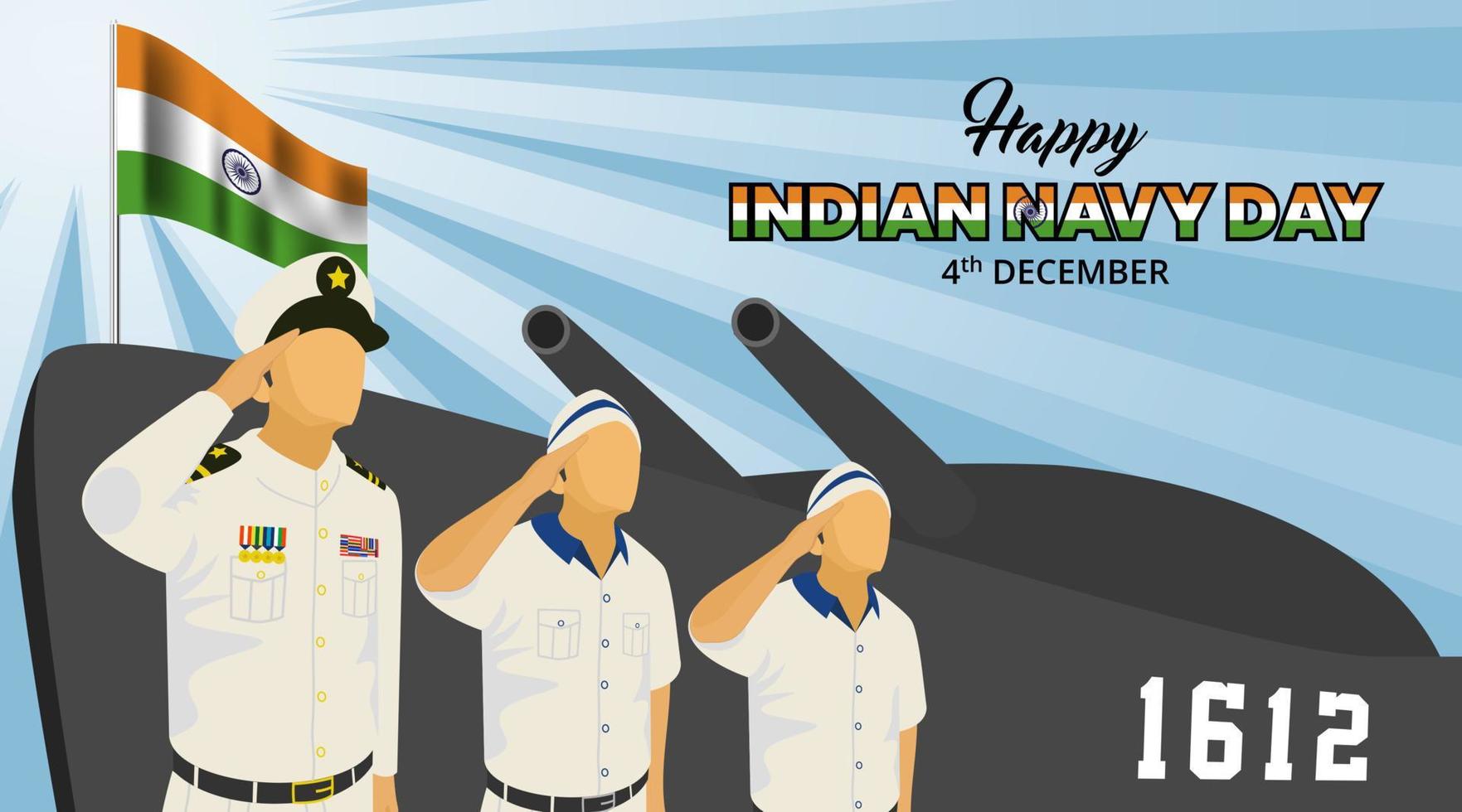 felice giorno della marina indiana sullo sfondo con l'esercito navale che saluta davanti a una nave vettore
