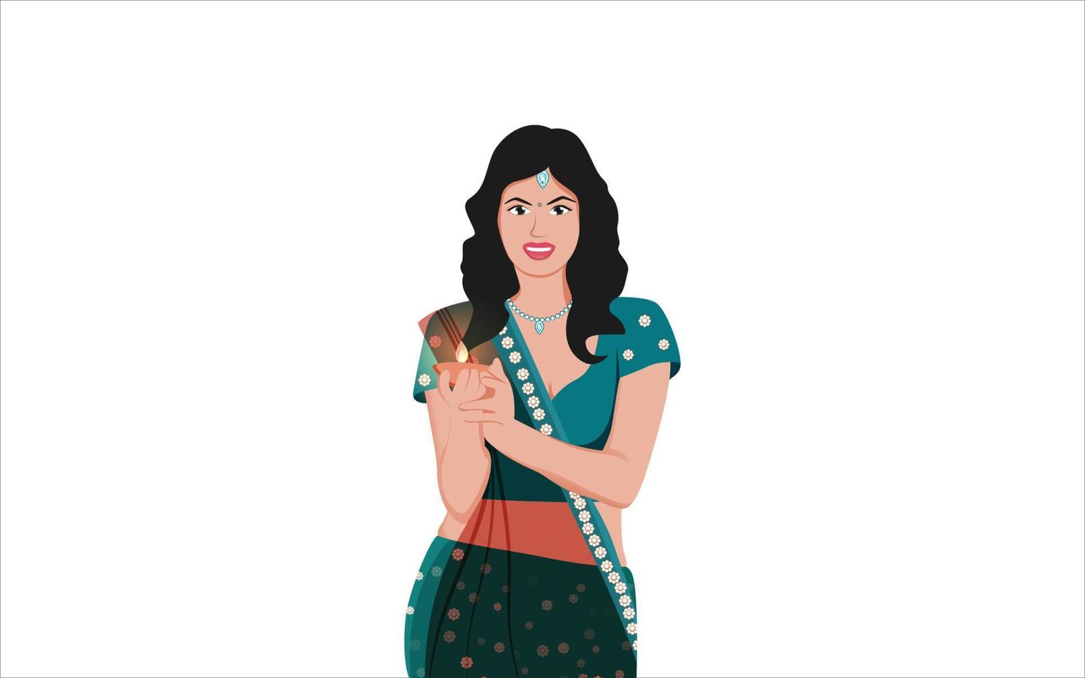 carina ragazza indiana con diya su sfondo bianco, illustrazione di carattere ragazza indiana su sfondo bianco. vettore