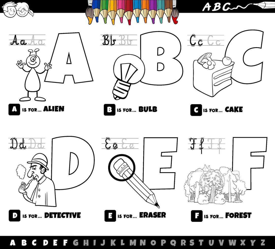 lettere dell'alfabeto del fumetto educativo impostate da una pagina a colori f vettore