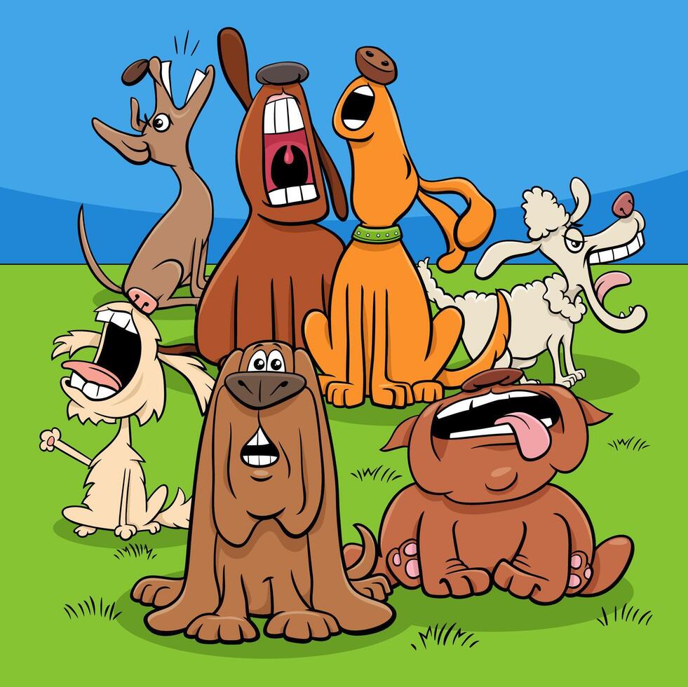 cartone animato cani personaggi gruppo latrato o ululato vettore