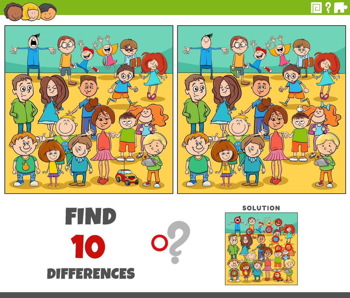 differenze attività con cartone animato bambini personaggi gruppo vettore