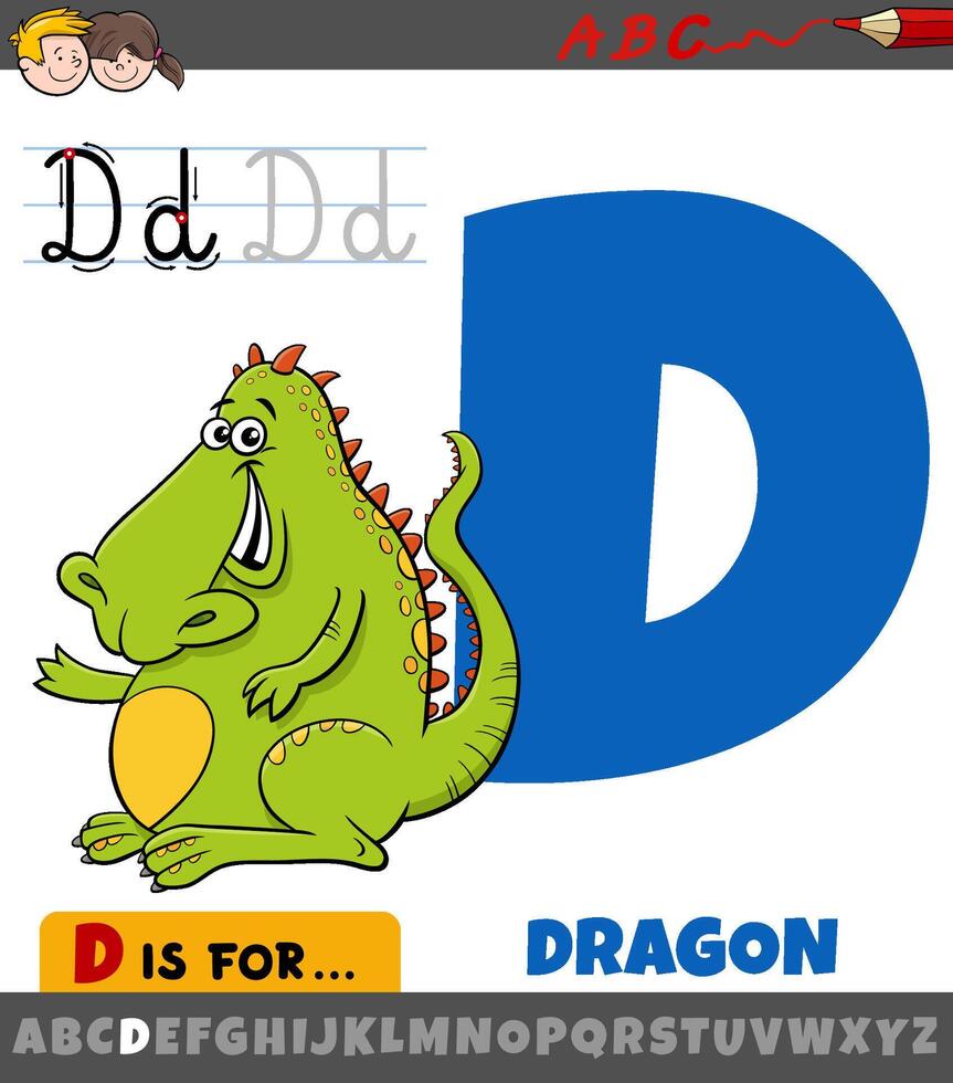 lettera d a partire dal alfabeto con cartone animato Drago personaggio vettore