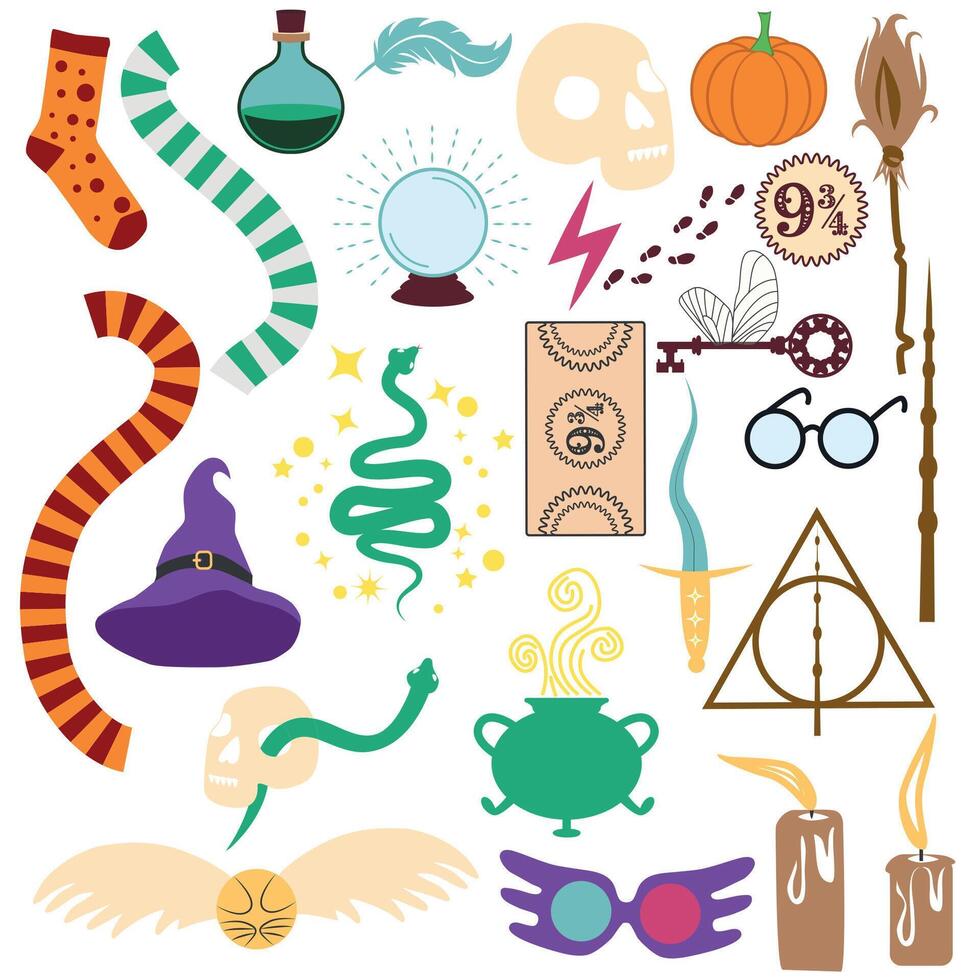 Halloween stregoneria e Magia Oggetti, gioco risorse. pozione bottiglia, lanterna, cranio, candela vettore