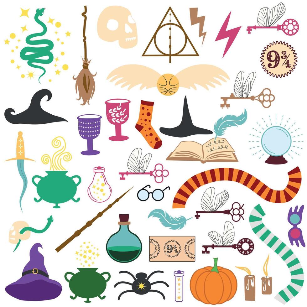Halloween stregoneria e Magia Oggetti, gioco risorse. pozione bottiglia, lanterna, cranio, candela vettore