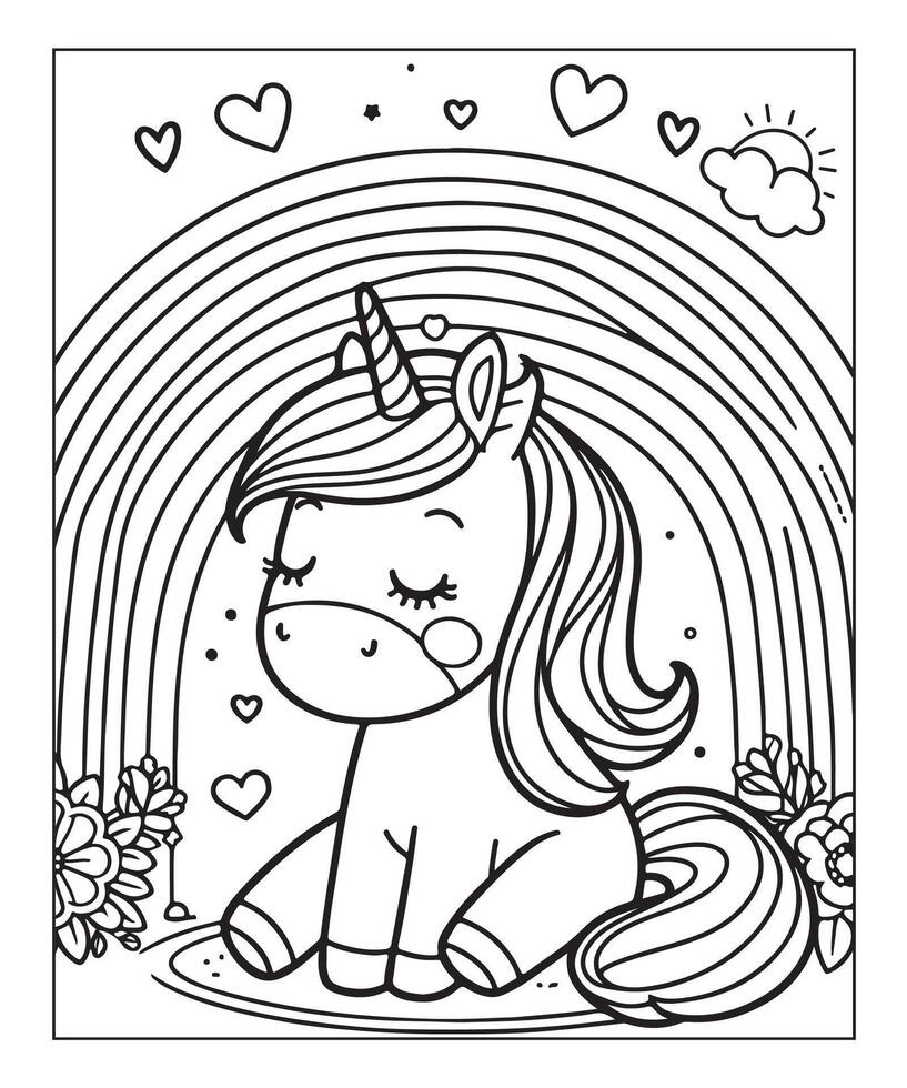 pagina da colorare unicorno per bambini vettore