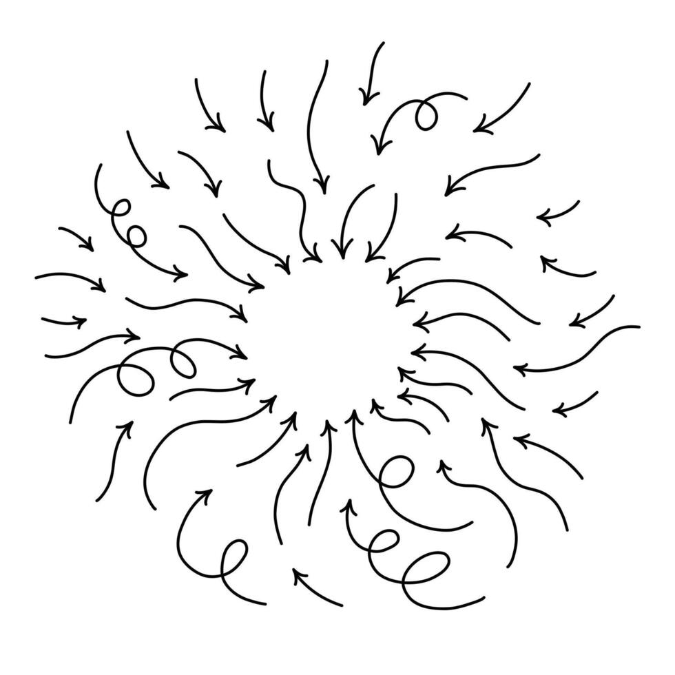 il giro telaio con linea frecce puntamento per centro. nero semplice disegnato design elementi. formosa e ondulato frecce isolato su bianca sfondo. vettore