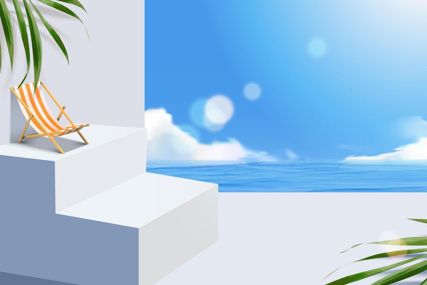 3d mediterraneo spiaggia scena con bianca scala piattaforma. adatto per estate Prodotto Schermo. vettore