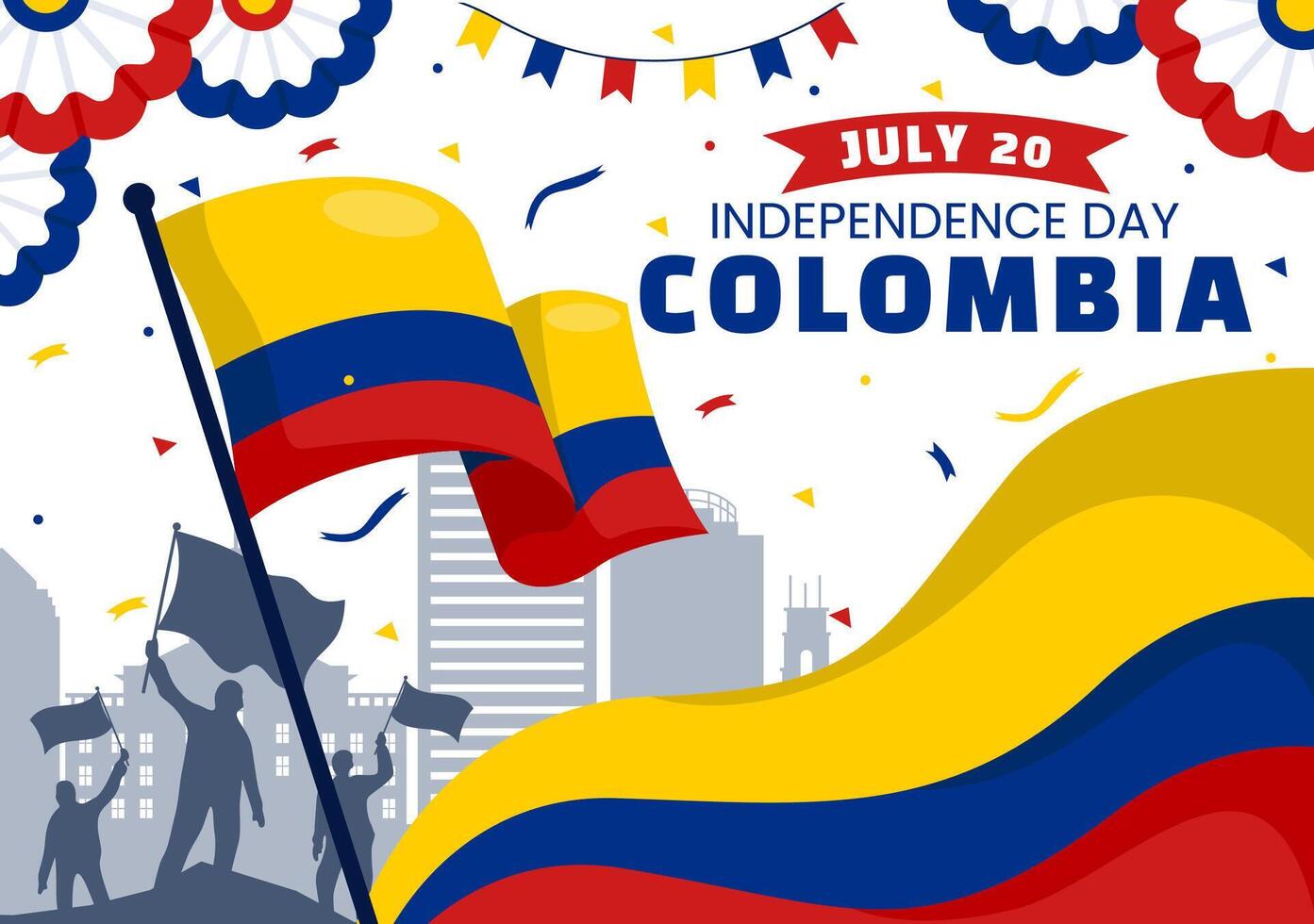 contento Colombia indipendenza giorno illustrazione su 20 luglio con agitando bandiera e nastro nel nazionale vacanza celebrazione piatto cartone animato sfondo vettore