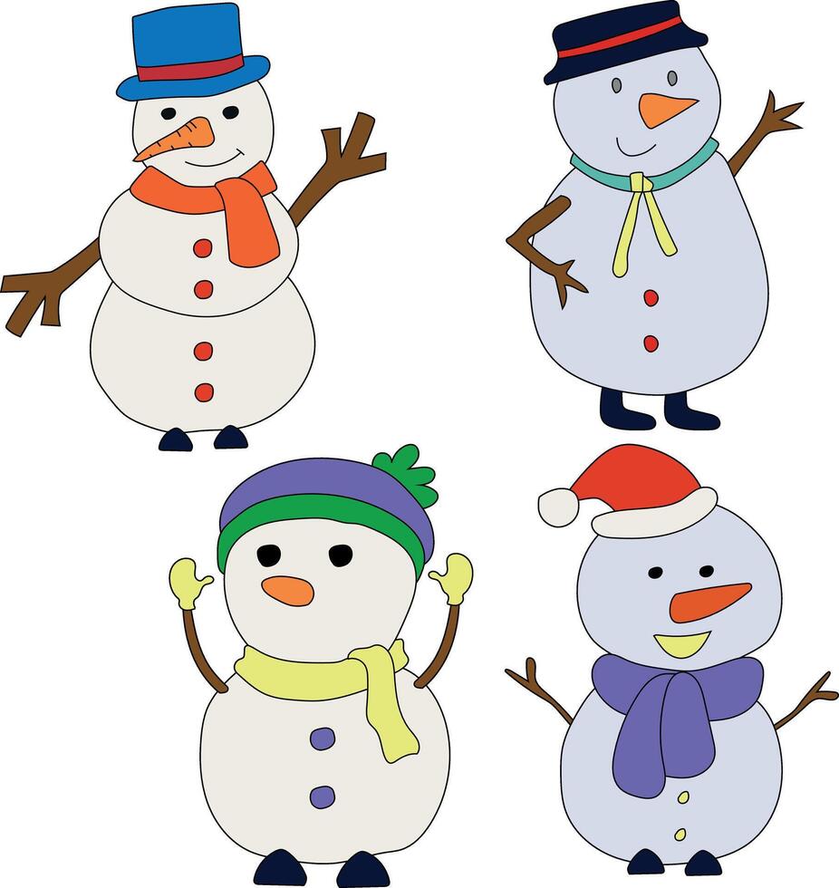 colorato pupazzo di neve clipart collezione per Gli amanti di inverno stagione. Questo inverno tema pupazzo di neve tute Natale celebrazione vettore