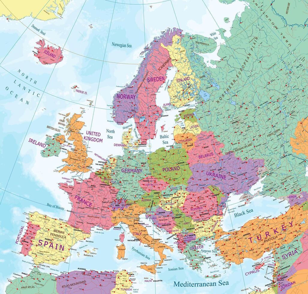 dettagliato politico carta geografica di Europa vettore