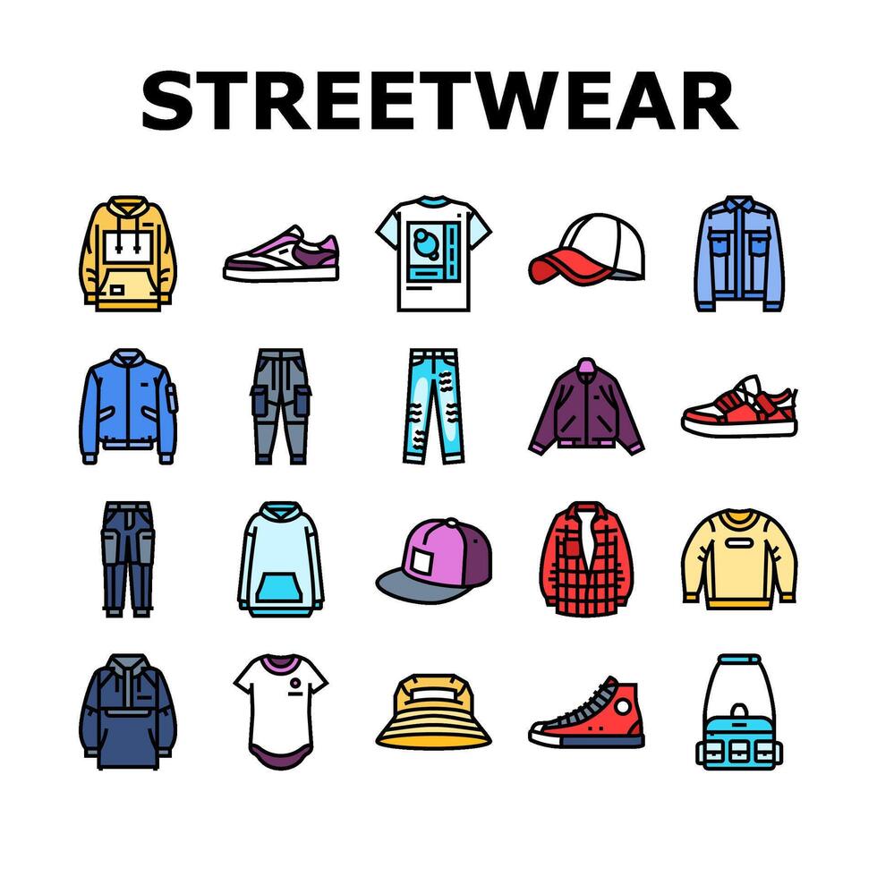 abbigliamento di strada stoffa moda urbano icone impostato vettore