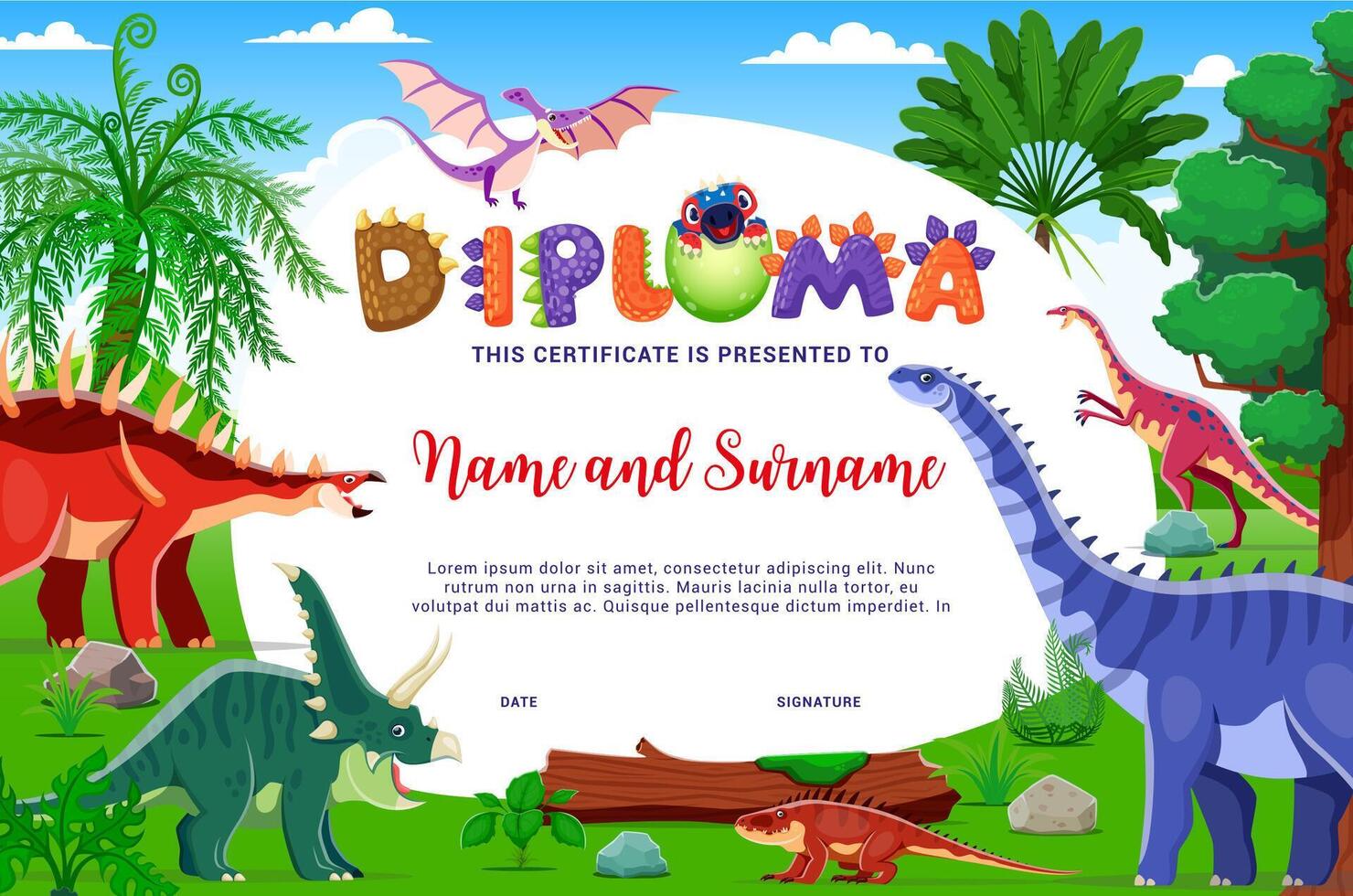 cartone animato bambini diploma con dinosauro dino personaggi vettore