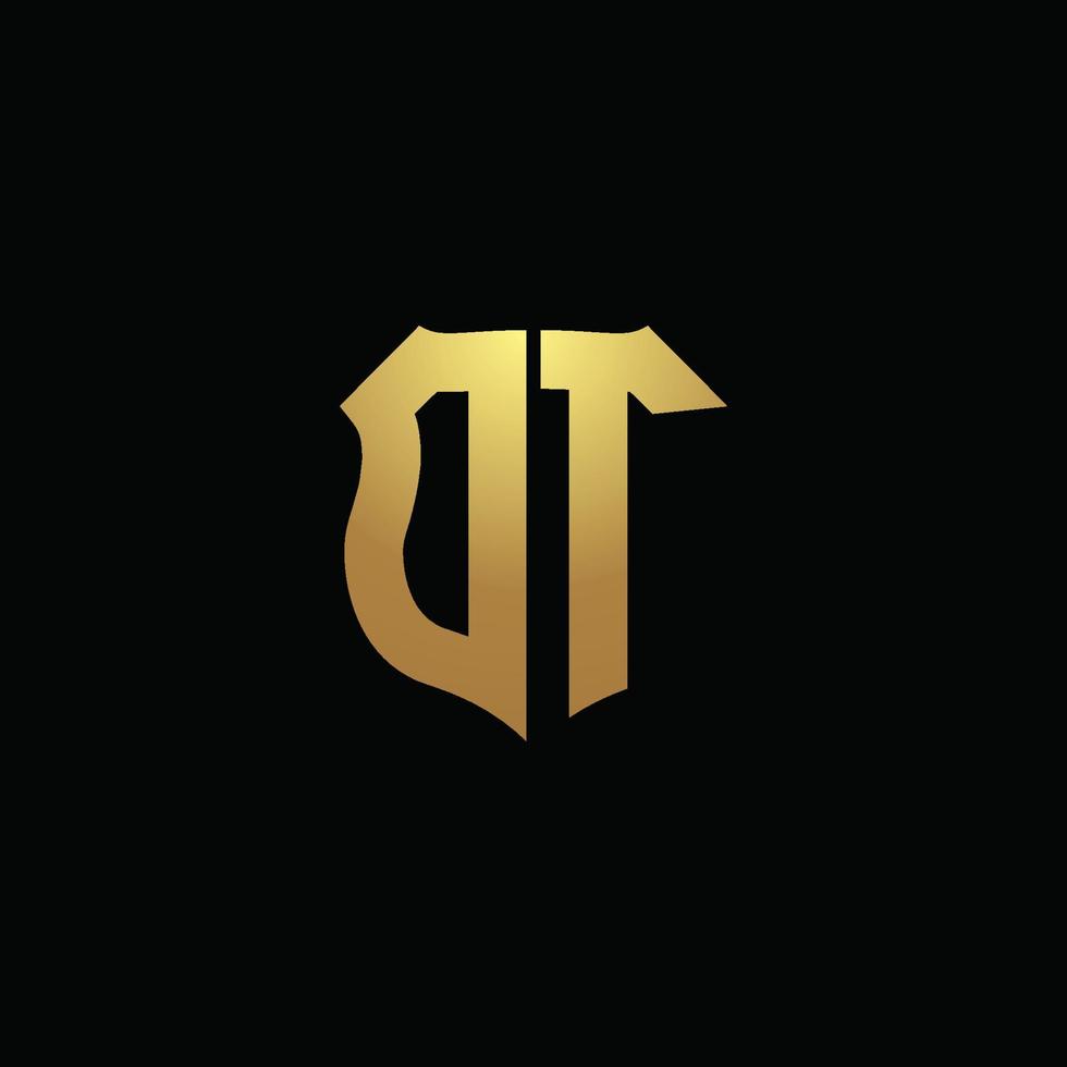 dt logo monogramma con colori dorati e modello di design a forma di scudo vettore