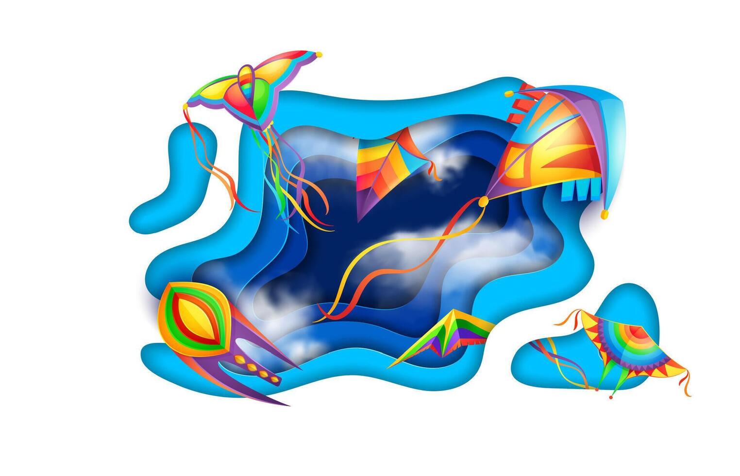 blu cielo con carta tagliare vento e aquiloni nel nuvole vettore