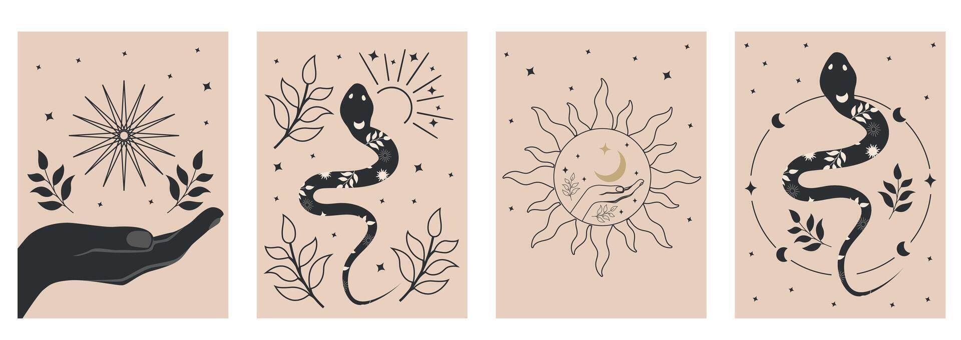 boho celeste Magia arte con donna mani, Luna, sole, stelle, pianeti, serpente. contemporaneo illustrazione manifesto carta etichetta nel giocoso boemo stile. mistico cosmico tarocco estetico. vettore