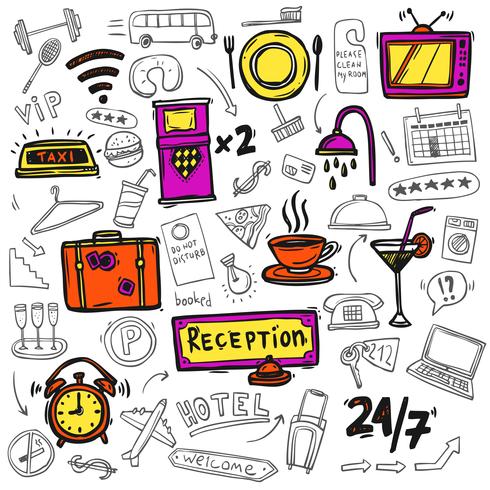 Icone di servizio Hotel doodle schizzo vettore