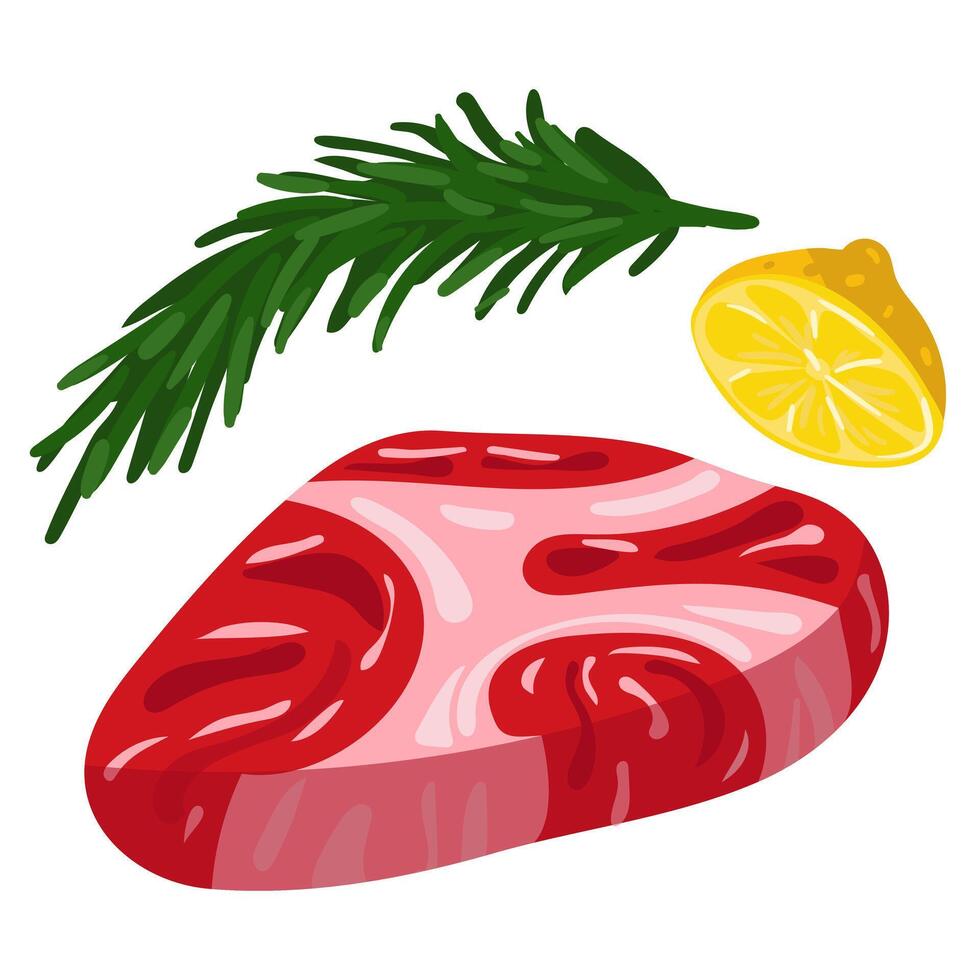 crudo pezzo di carne con rosmarino e Limone, illustrazione, può essere Usato per cucinando manuali, macellaio negozio segni o educativo materiale su nutrizione. il ingrediente per cucinando. un isolato pezzo vettore