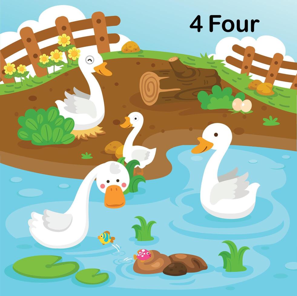 flashcard numero quattro con 4 Oca apprendimento per ragazzo illustrazione vettore