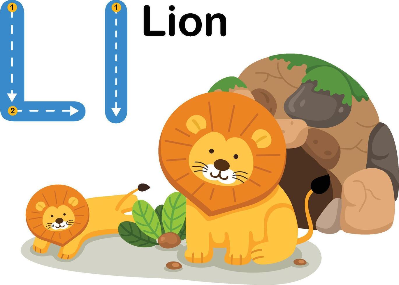 alfabeto lettera l-leone con cartone animato vocabolario illustrazione, vettore