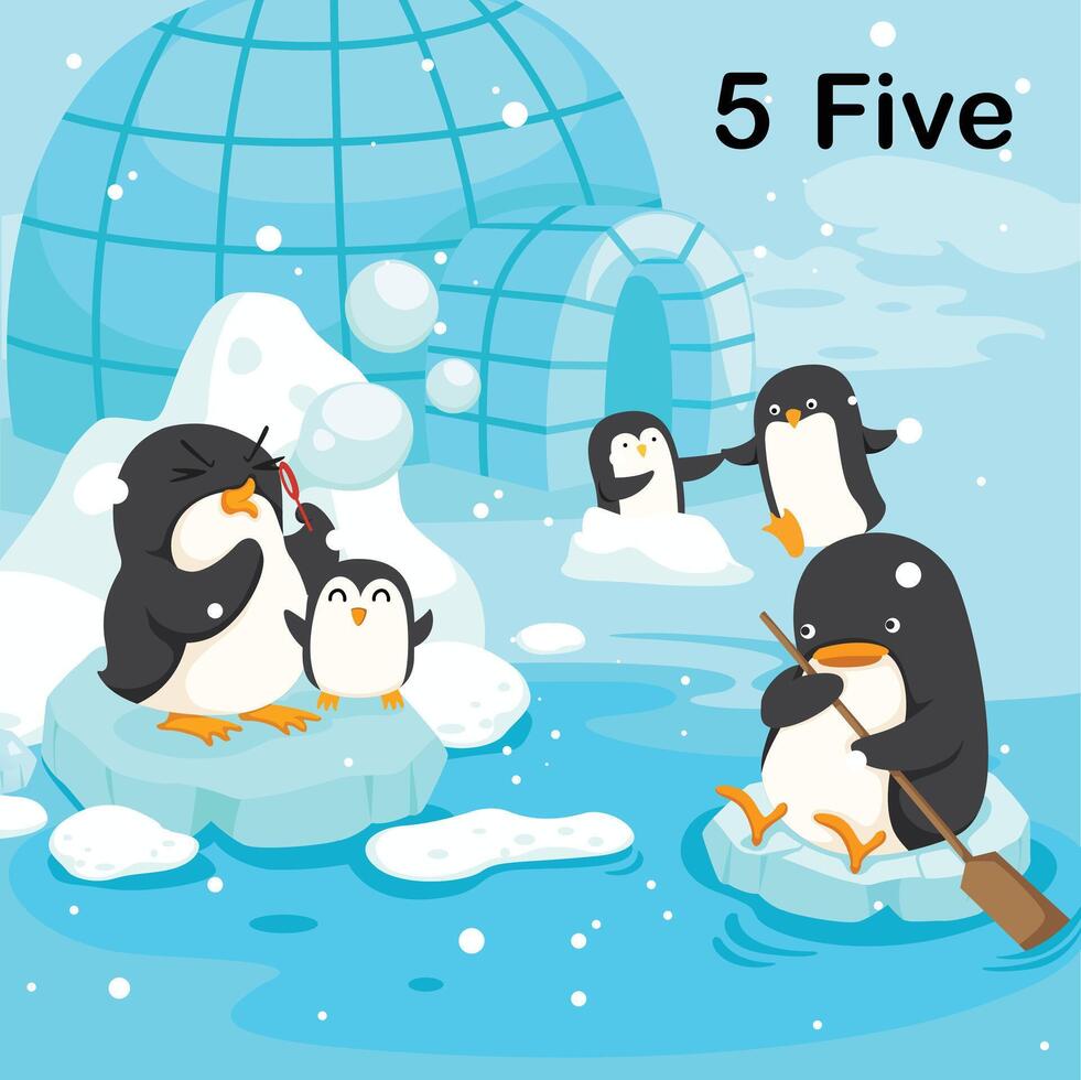 flashcard numero cinque con 5 pinguino apprendimento per ragazzo illustrazione vettore