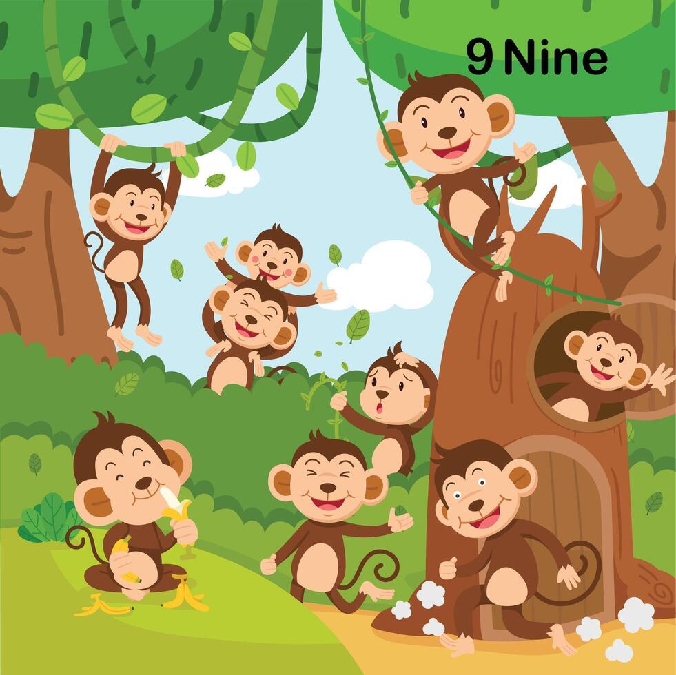 flashcard numero nove con 9 scimmia apprendimento per ragazzo illustrazione vettore