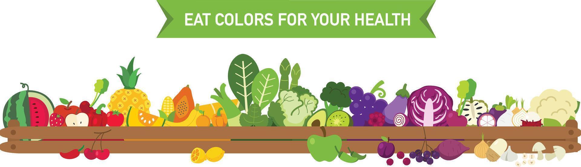 mangiare colori per il tuo salute, mangia un' arcobaleno di frutta e verdure illustrazione vettore