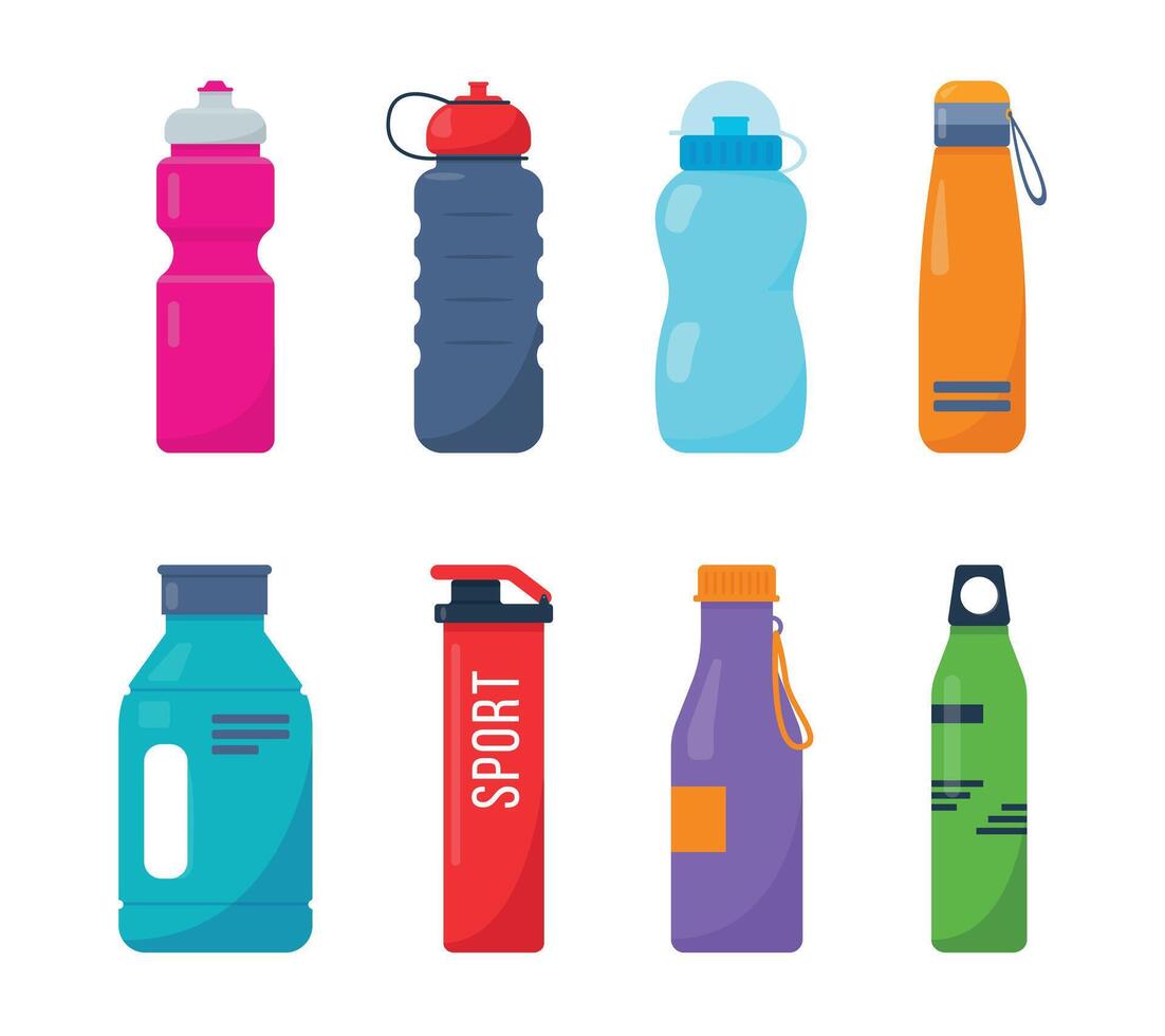 plastica gli sport bottiglie impostare. luminosa bevanda bottiglie per fitness, proteina agitatori. vettore