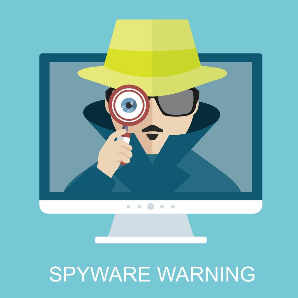 Internet sicurezza e spyware avvertimento con detective. pirateria phishing attacco. computer attacco e virus infezione. piatto icone e illustrazioni vettore