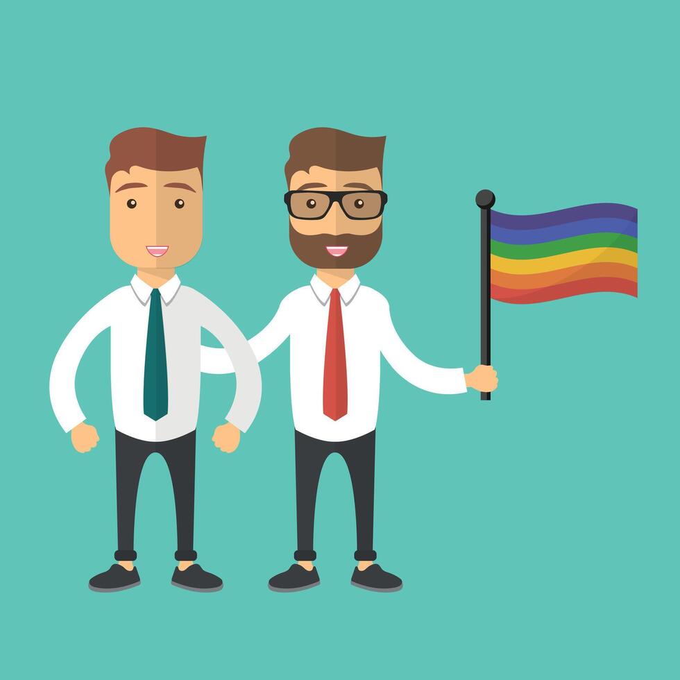 illustrazione per orgoglio mese evento celebrazione. Due gay uomo in piedi insieme con arcobaleno bandiera. vettore