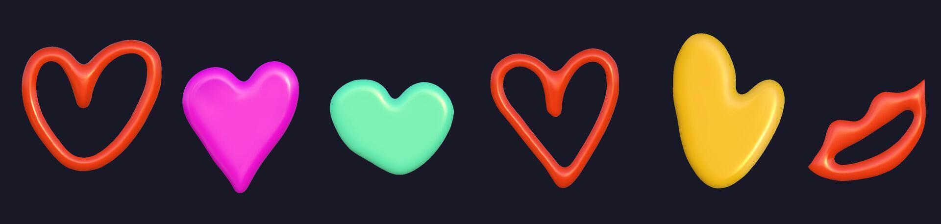 3d astratto y2k cuore impostare. plastica colorato giocoso scarabocchio cuore per valentini giorno. 3d rendere. vettore