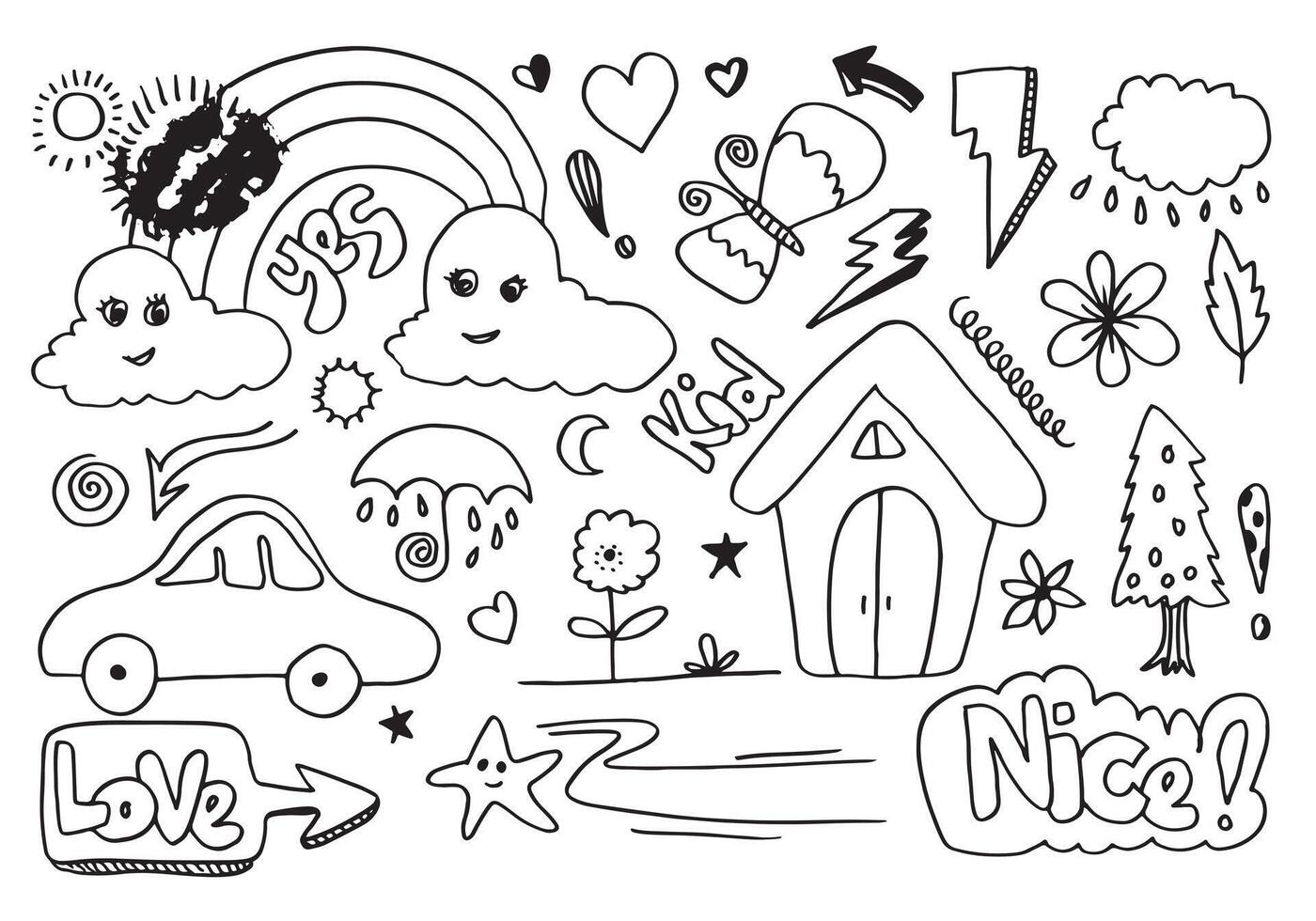 disegnato a mano carino scarabocchio impostato su bianca sfondo. scarabocchio design elementi.doodle bambini per decorazione e colorazione pagina. vettore
