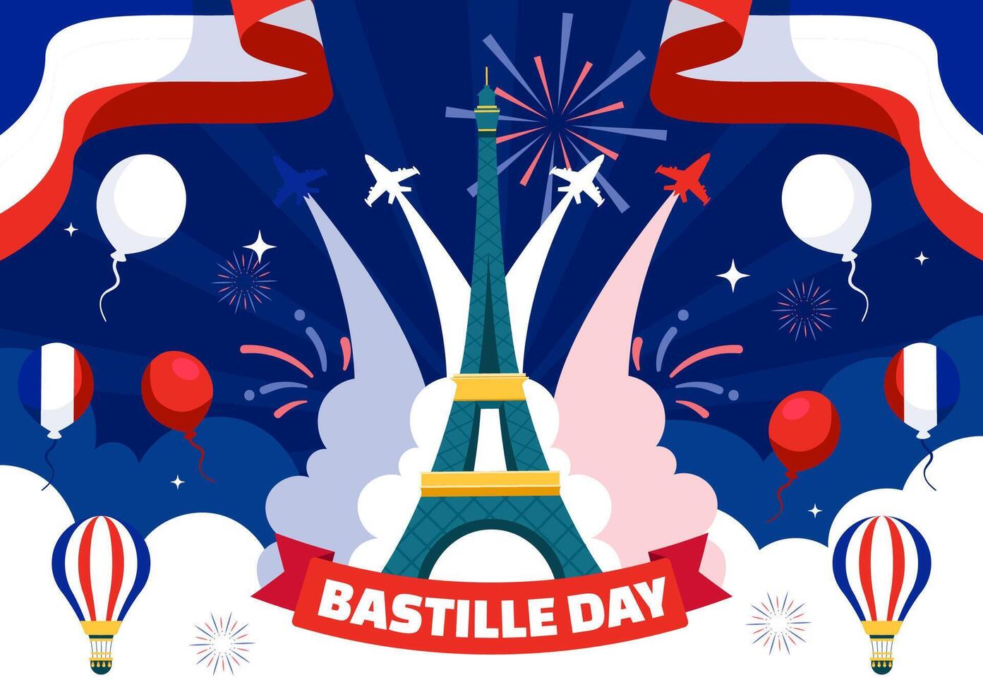 contento bastille giorno vettore illustrazione su 14 luglio con francese bandiera, nastro e eiffel Torre nel nazionale vacanza piatto cartone animato sfondo