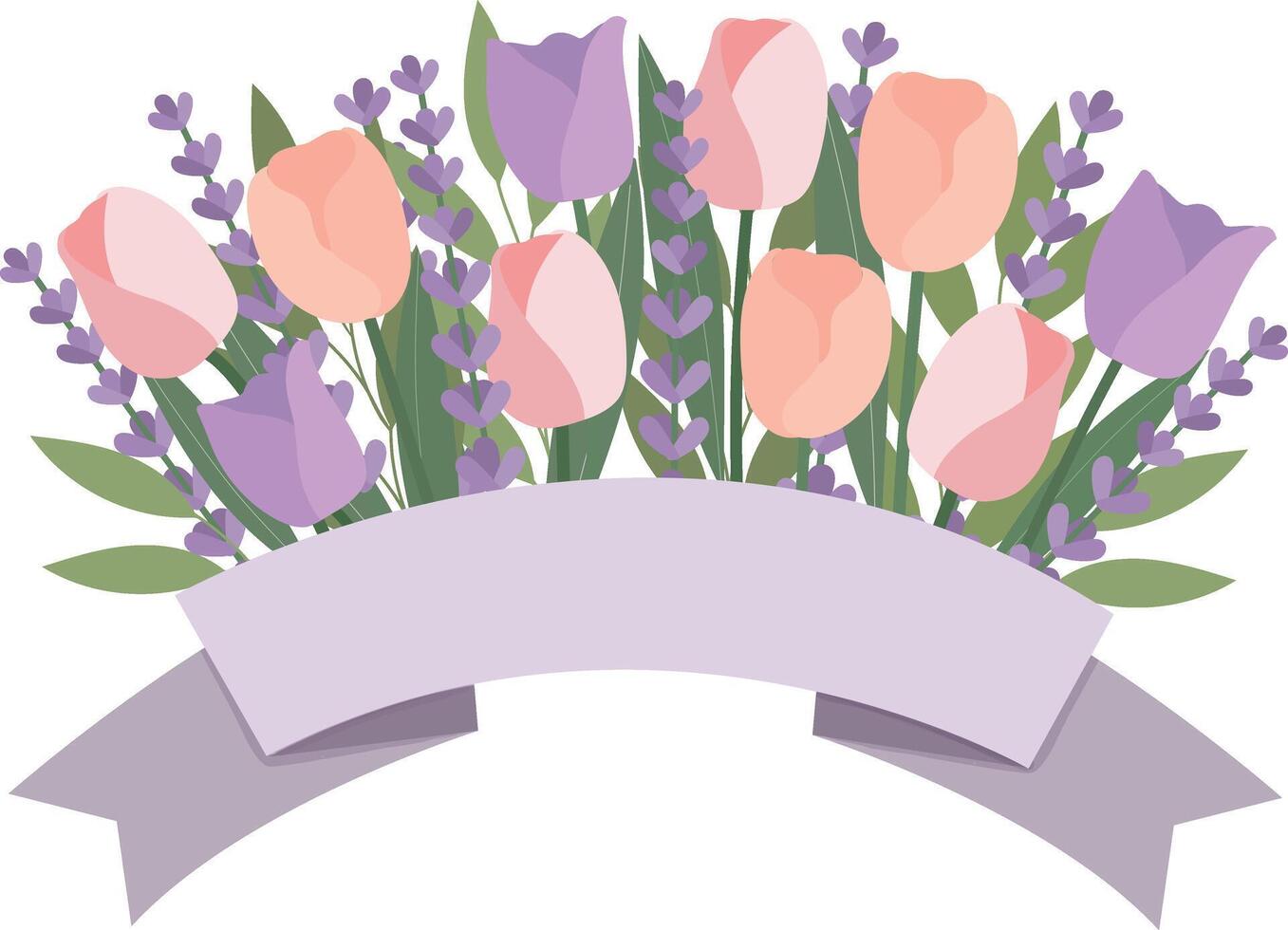 tulipano e lavanda fiori mazzo con nastro bandiera mano disegnato illustrazione per decorare invito saluto compleanno festa celebrazione nozze carta manifesto bandiera sfondo vettore