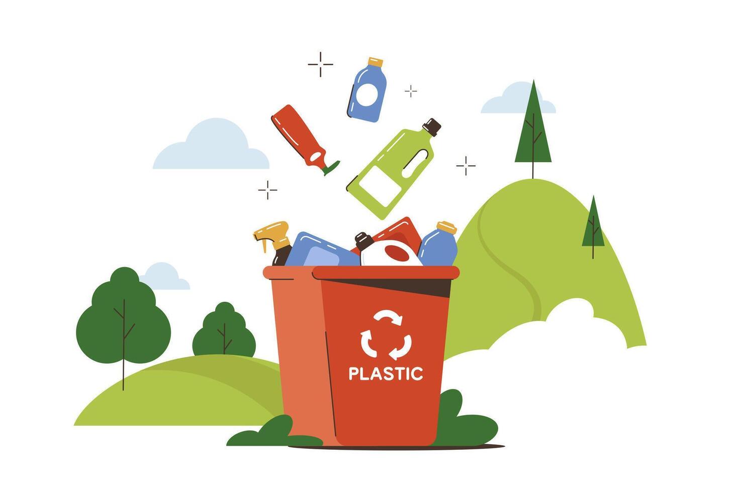 piatto illustrazione spazzatura può con plastica rifiuto per raccolta differenziata e disposizione. spazzatura bidone con vuoto confezione bottiglie. ordinamento scatola per ridurre ambientale inquinamento. ecologia o riciclare concetto. vettore