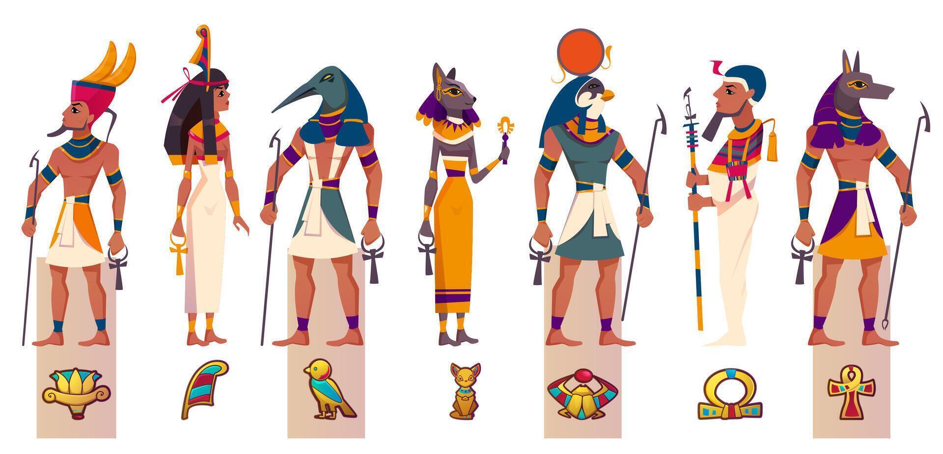 impostato di antico egiziano di Dio e dee. piatto personaggi di Egitto mitologia, mito Cairo statue. RA, bastardo, maat, th, anubis e pt con religioso simboli isolato su bianca sfondo. vettore