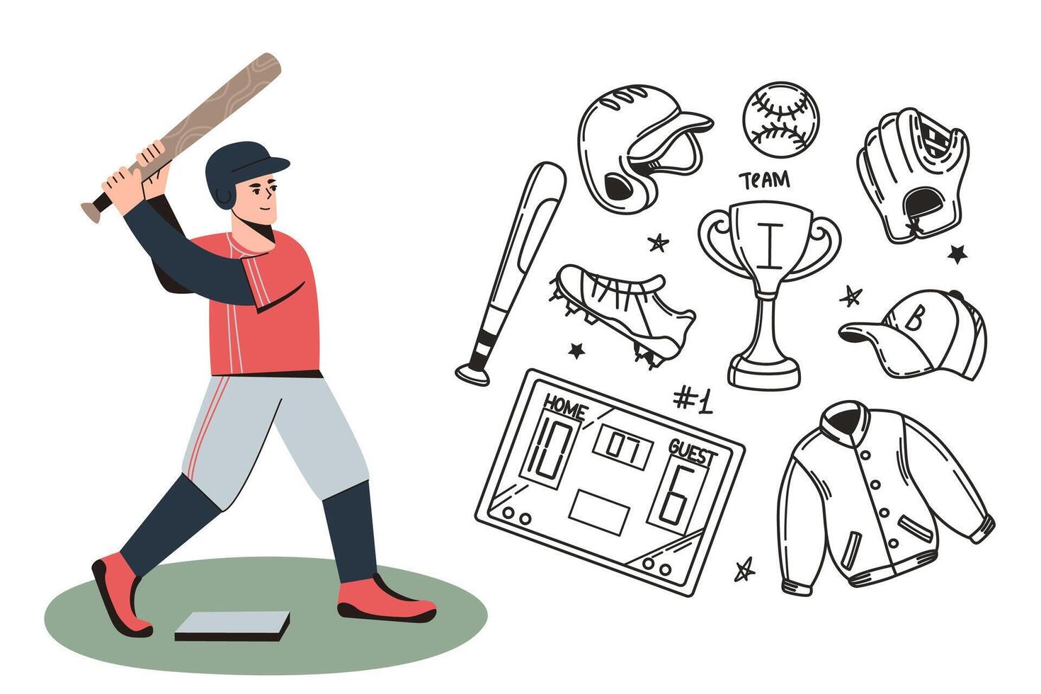 baseball icone scarabocchio impostato di giocatore, uniforme per gioco e sport attrezzatura. mano disegno collezione di pipistrello, pelle guanto, scarpe o tacchetti, palla e guanti. nero casco, campione tazza e tabellone segnapunti vettore