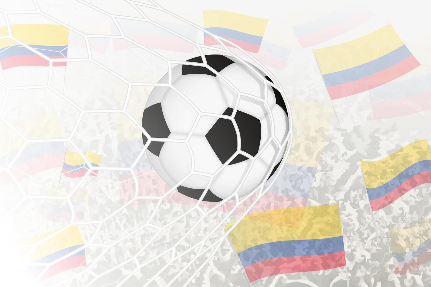 nazionale calcio squadra di Colombia segnato obiettivo. palla nel obbiettivo rete, mentre calcio sostenitori siamo agitando il Colombia bandiera nel il sfondo. vettore