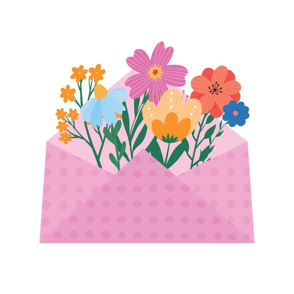 carino mano disegnato fiori, primavera fiori selvatici nel Busta per vacanza saluto carte, compleanno inviti, La madre di giorno manifesti, stampe, adesivi, eccetera. eps 10 vettore