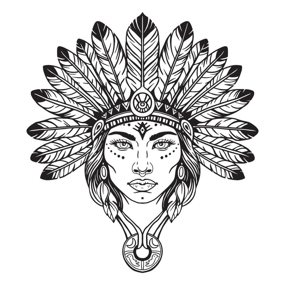 testa di un' giovane donna nel un' tradizionale americano indiano copricapo. nero e bianca schema illustrazione, colorazione pagina vettore