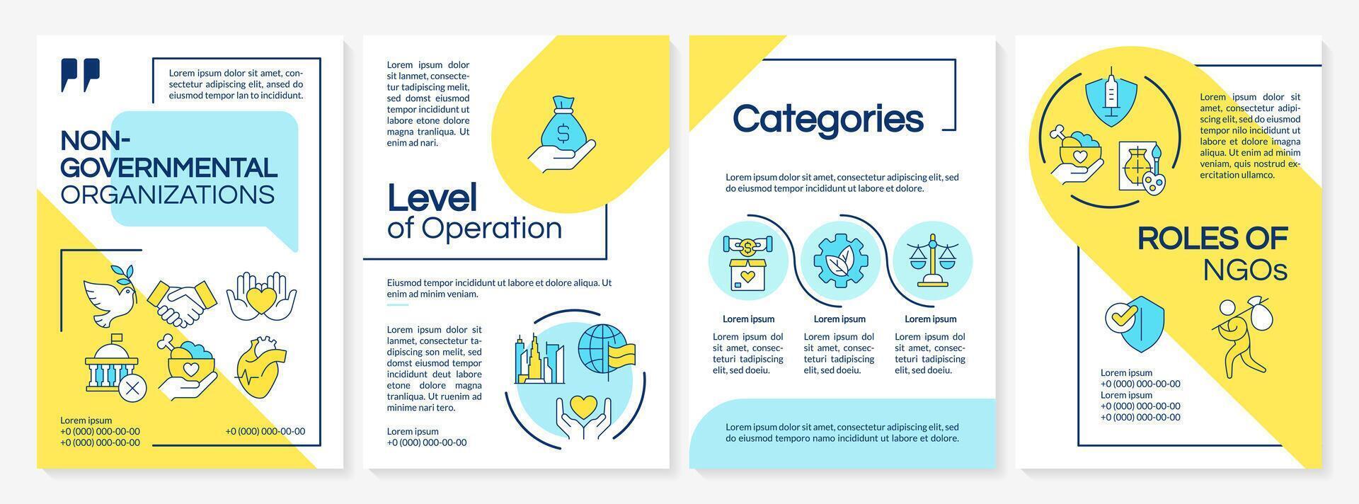 non governativo organizzazioni blu, giallo opuscolo modello. volantino design con lineare icone. modificabile 4 layout per presentazione, annuale rapporti vettore