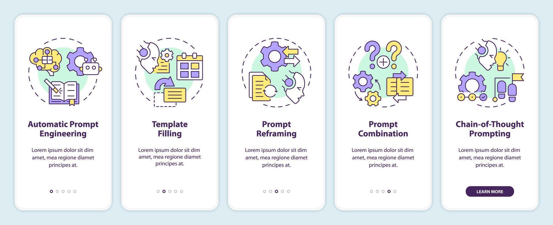 richiesta ingegneria tecniche onboarding mobile App schermo. Procedura dettagliata 5 passaggi modificabile grafico Istruzioni con lineare concetti. ui, ux, gui modello vettore