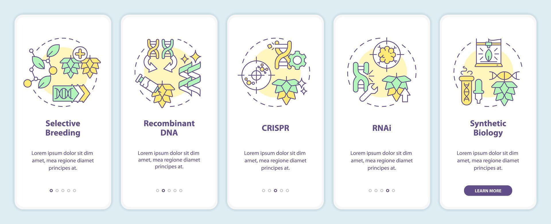 genetico modifica tecniche onboarding mobile App schermo. Procedura dettagliata 5 passaggi modificabile grafico Istruzioni con lineare concetti. ui, ux, gui modello vettore