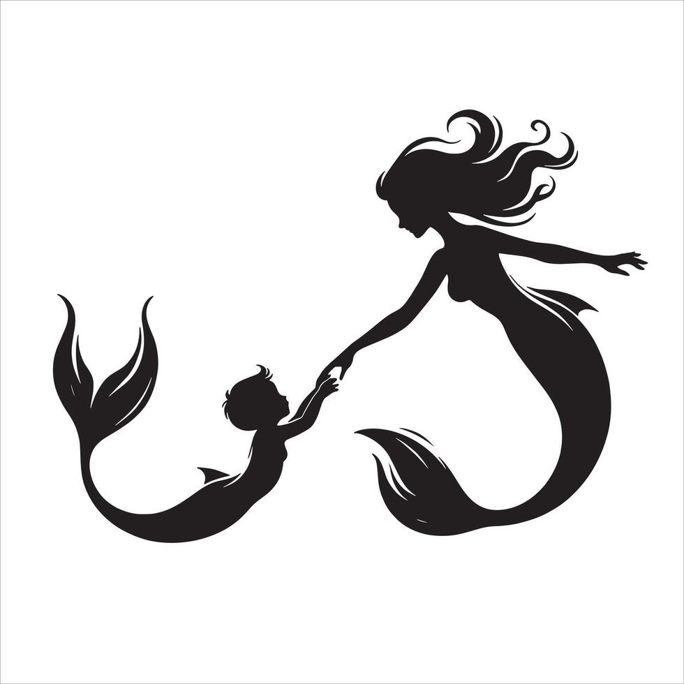 sirena con sirena bambino silhouette illustrazione vettore