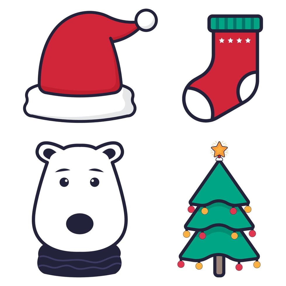 impostato di Natale e nuovo anno icone nel piatto stile. Santa Claus cappello, polare orso, Natale albero, calzino vettore
