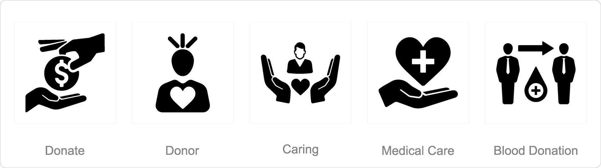 un' impostato di 5 beneficenza e donazione icone come donare, donatore, cura vettore