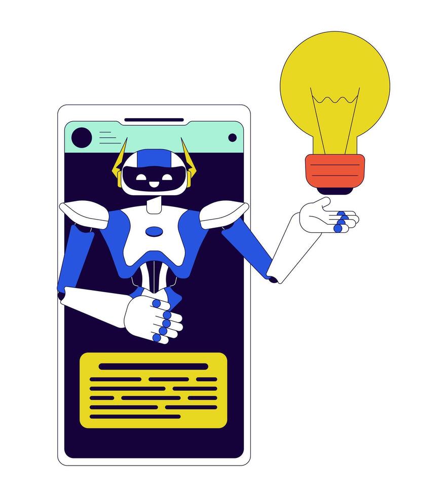 ai assistente cellulare 2d lineare cartone animato oggetto. idea generazione algoritmo mobile Telefono isolato linea elemento bianca sfondo. artificiale intelligenza chatbot colore piatto individuare illustrazione vettore